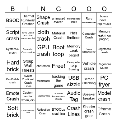 Roblox Crasher  bingo Card