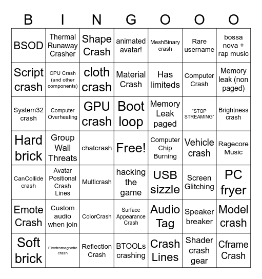 Roblox Crasher  bingo Card