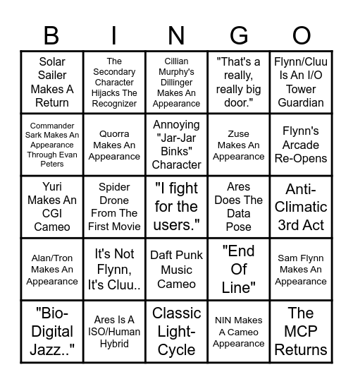 Tron Ares Bingo Card
