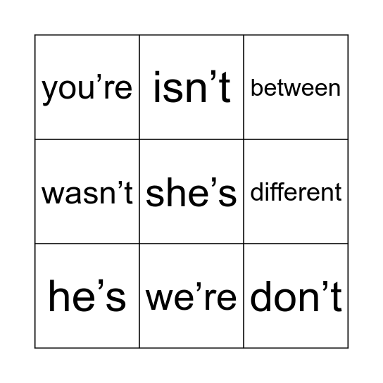 Contractions Bingo Card