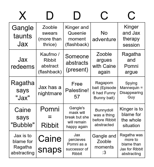 TADC Episode 7 Predictions Bingo Card