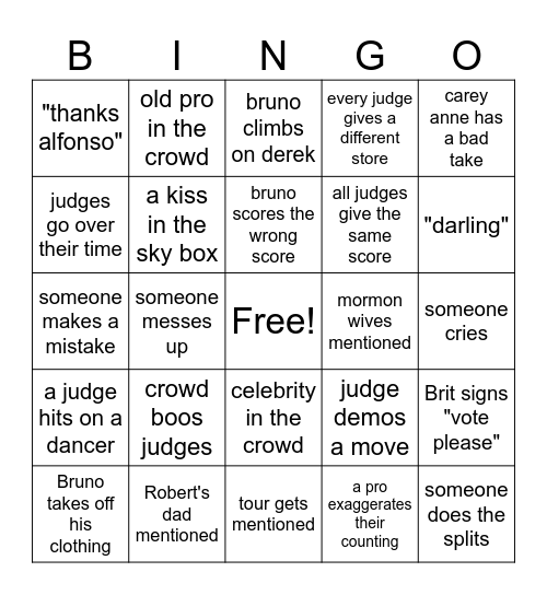 DWTS 2025 Bingo Card