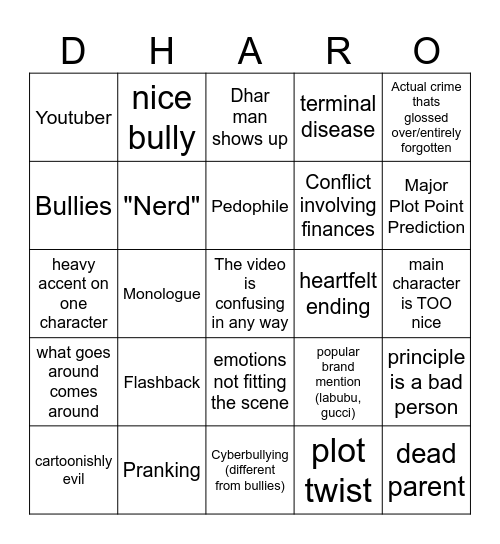 Dhar Mann Bingo Card