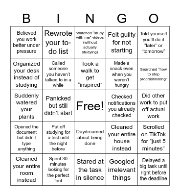 Procrastination Bingo Card