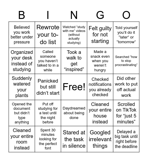 Procrastination Bingo Card
