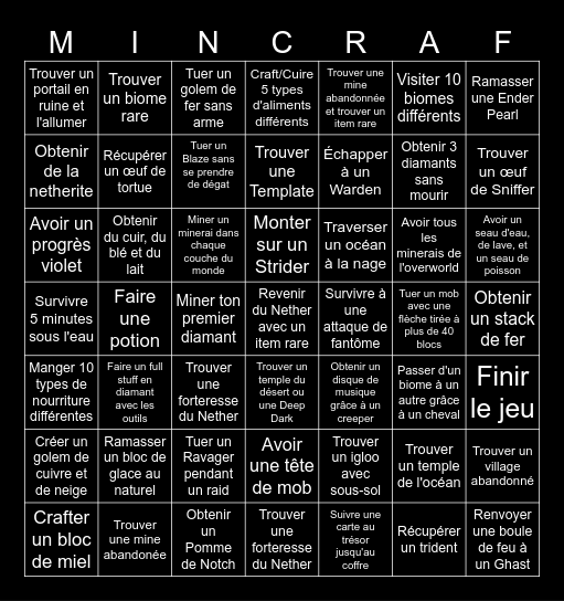 Bingo Minecraft Bingo Card
