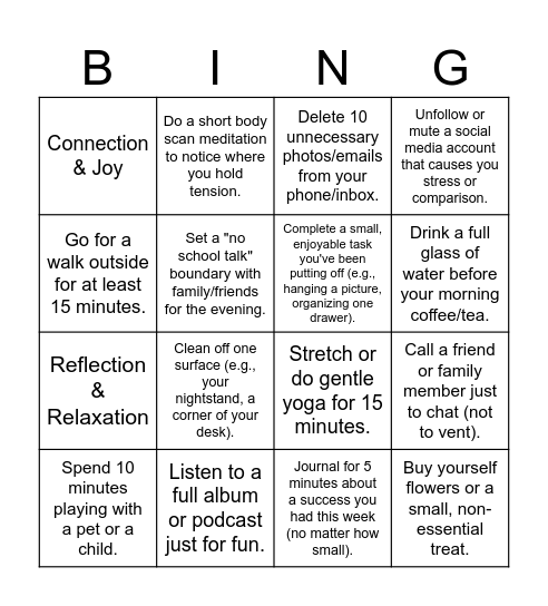 Stress-Management Bingo Card
