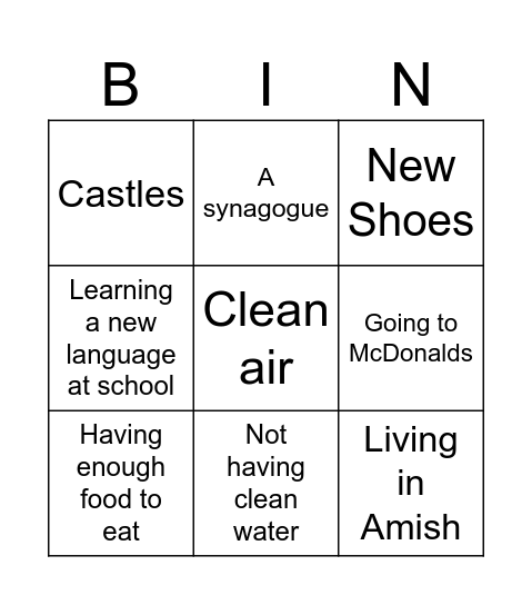 Heritage or Quality of life Bingo Card