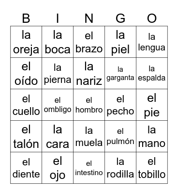 el cuerpo Bingo Card
