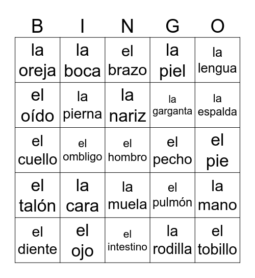 el cuerpo Bingo Card