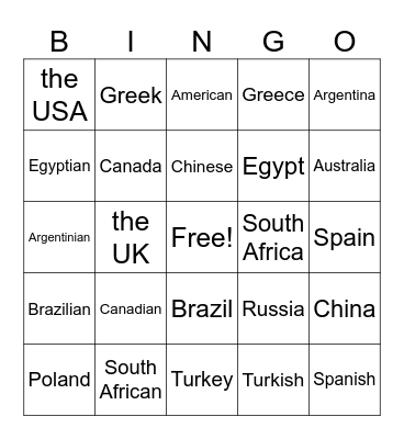 Countries & Nationalities Bingo Card