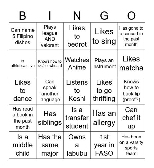 FASO Bingo Card