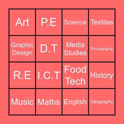 Class Subjects Bingo Card
