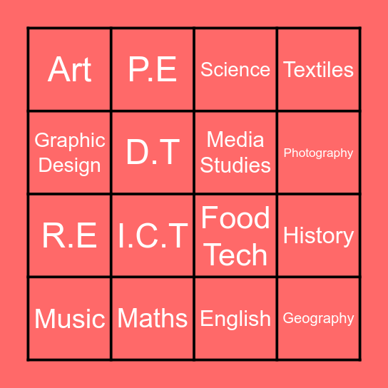 Class Subjects Bingo Card