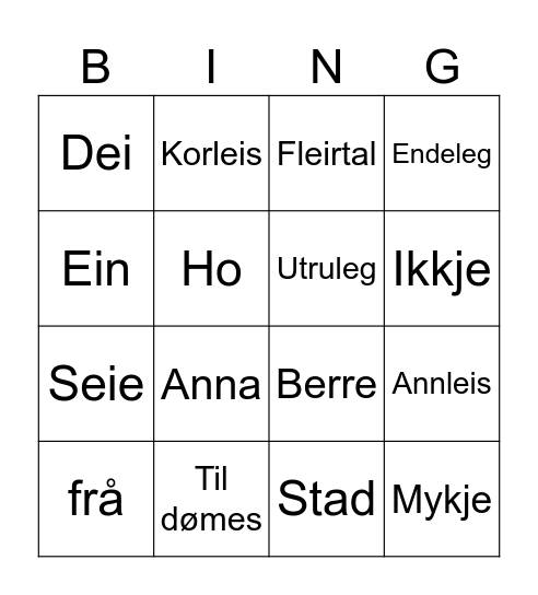 Nynorsk Bingo Card