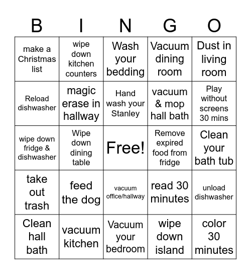 Chores Bingo Card
