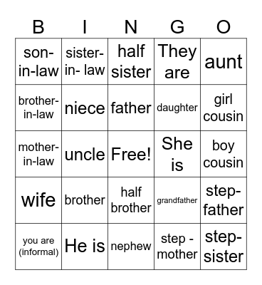 Family Bingo Card