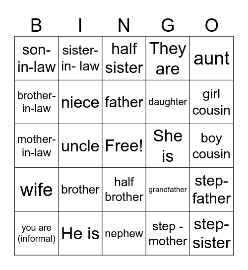 Family Bingo Card