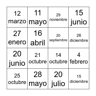 Mi cumpleaños es el __ de ____ Bingo Card