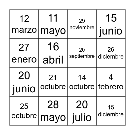 Mi cumpleaños es el __ de ____ Bingo Card