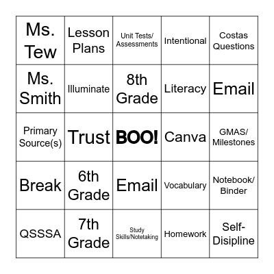 Social Studies Department Meeting BINGO Card