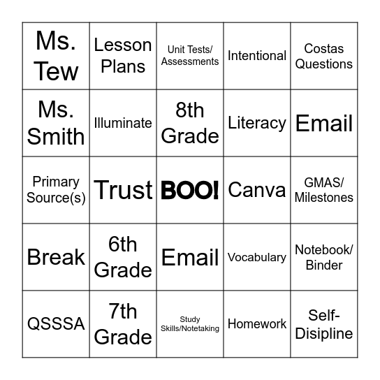 Social Studies Department Meeting BINGO Card