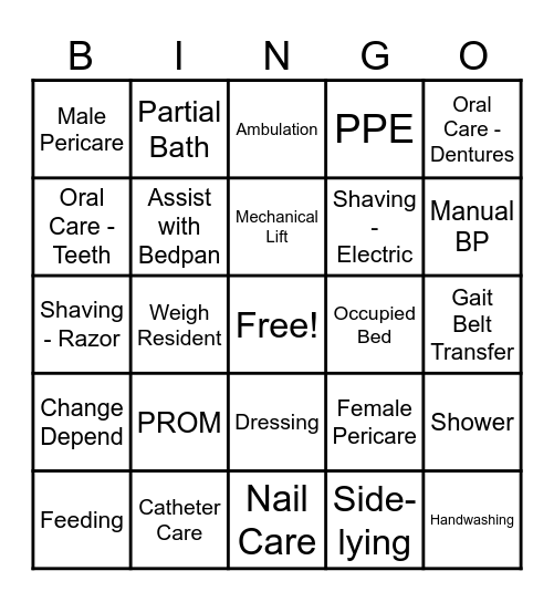 CNA Clinical Bingo Card