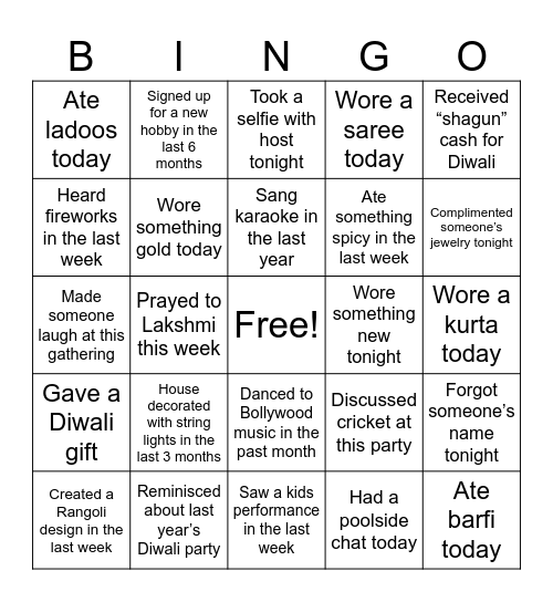 Diwali Bingo Card