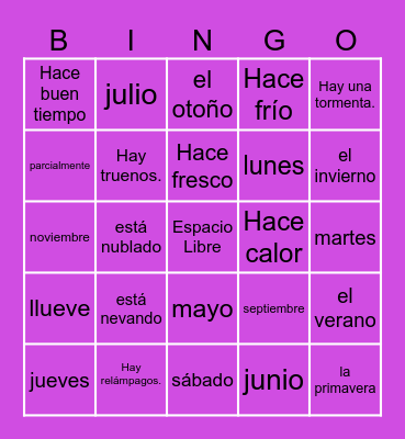 La clima y las fechas Bingo Card