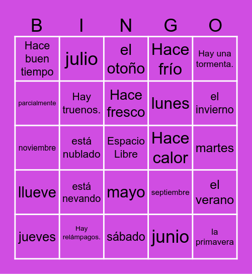 La clima y las fechas Bingo Card