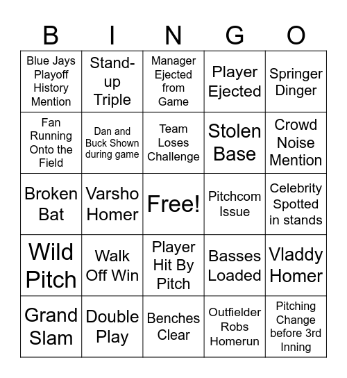 Blue Jays Playoff Bingo Card