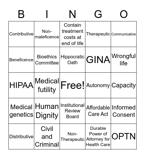 Bioethics Bingo Card