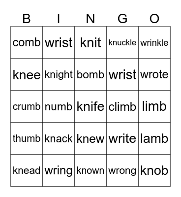 98 Silent Letters Bingo Card