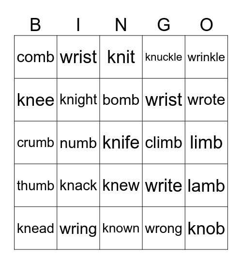 98 Silent Letters Bingo Card