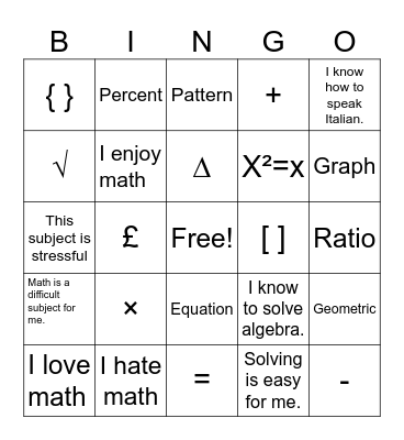 Mathematics bingo Card
