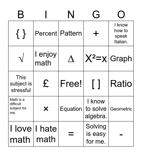 Mathematics bingo Card