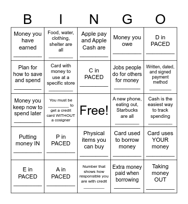 Payment Methods Bingo Card