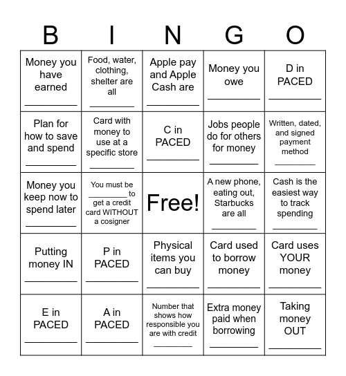 Payment Methods Bingo Card