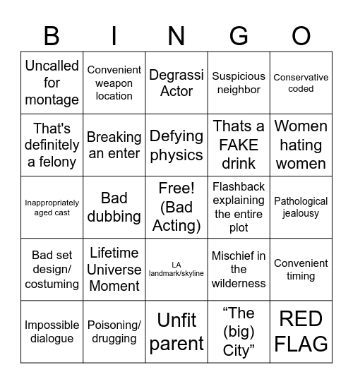 LifeTime Movie Bingo Card