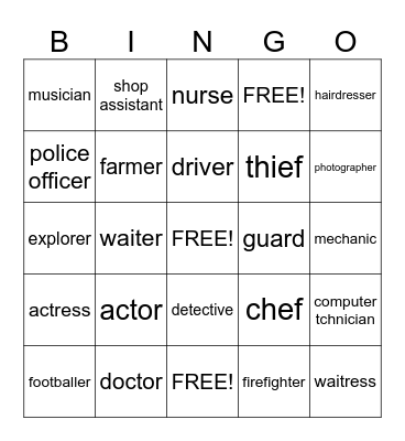 PROFFESIONS Bingo Card
