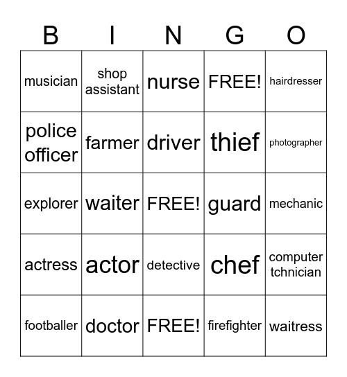 PROFESSIONS Bingo Card
