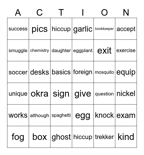 K, g, x, qu Bingo Card