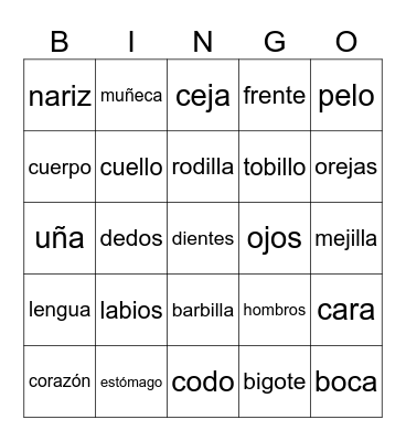 Spanish Parts of the Body (spanish) Bingo Card