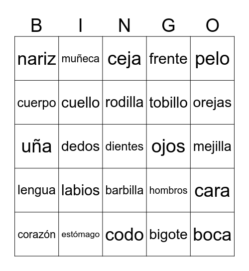 Spanish Parts of the Body (spanish) Bingo Card