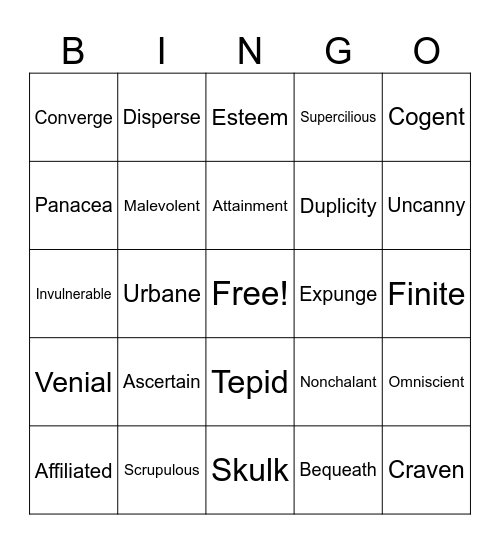 Vocabulary Bingo Card