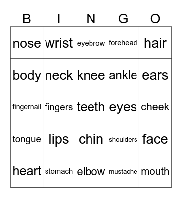 Spanish Parts of the Body(english) Bingo Card