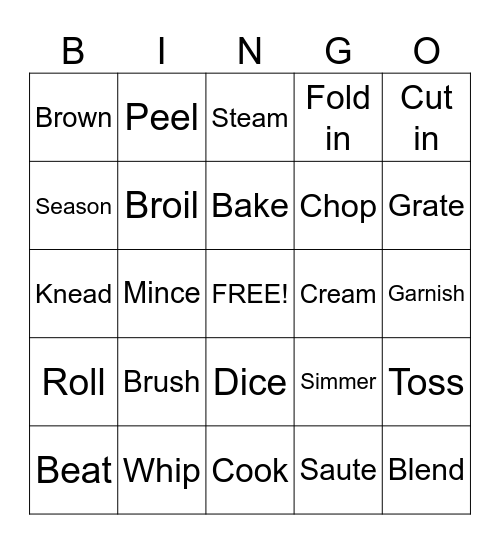 Cooking Terms Bingo Card