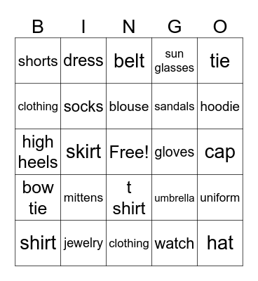 La ropa Bingo Card