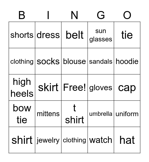 La ropa Bingo Card