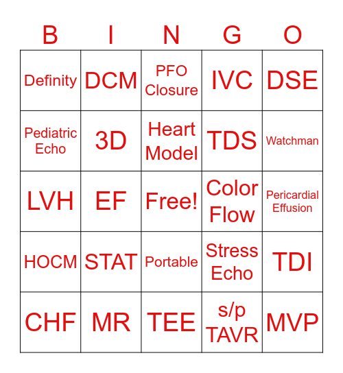Cardiac Ultrasound Bingo Card